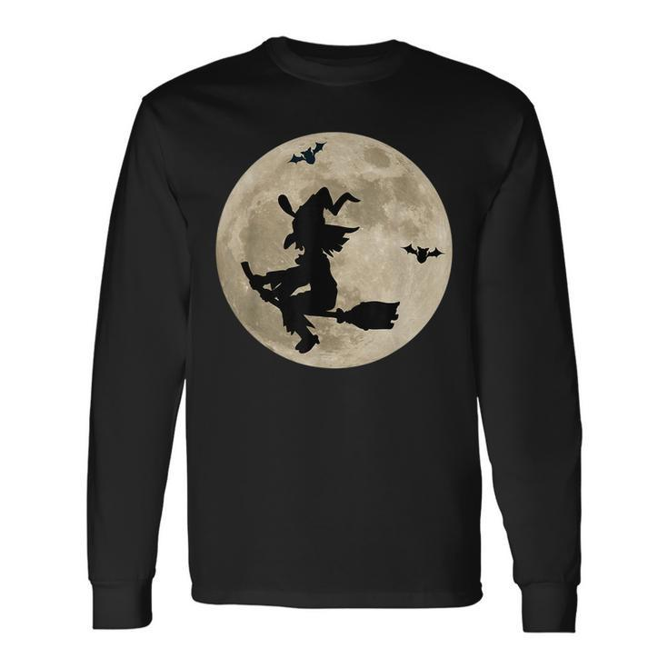 Full Moon Witch On Broomstick Bats Space Halloween Halloween Long Sleeve T-Shirt