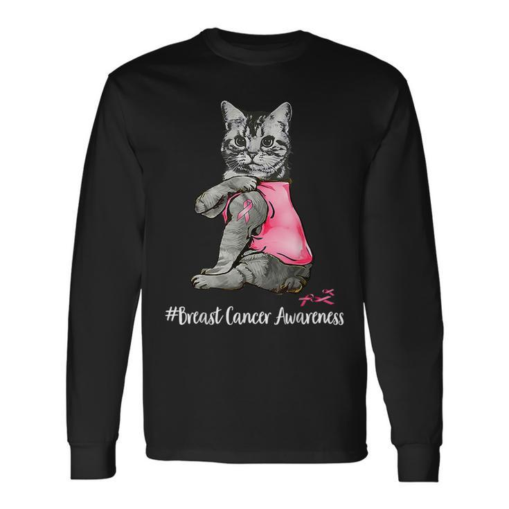 Cat Pink Ribbon In October We Wear Pink Breast Cancer Long Sleeve