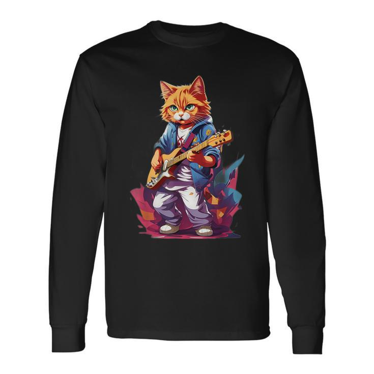 Cat Playing Guitar Cat Lover Graphic Cats Kitten Lover Long Sleeve T-Shirt
