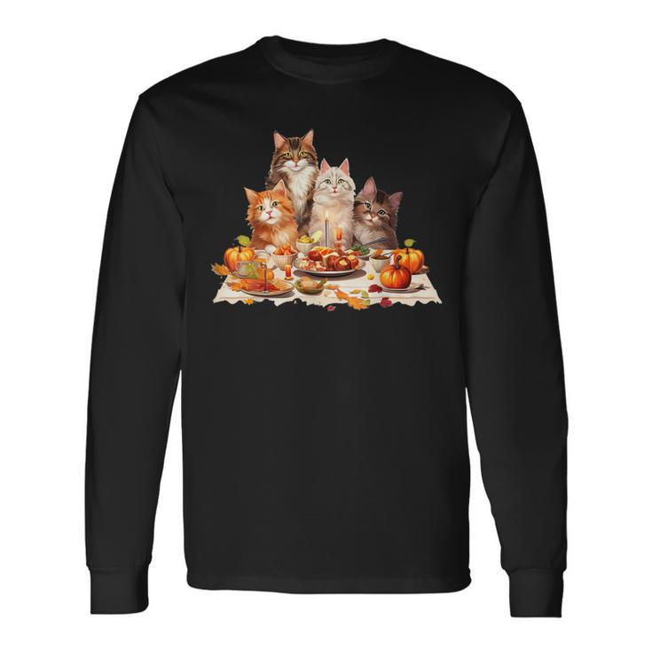 Cute Cat Lover Celebrating Thanksgiving Autumn Dinner Long Sleeve T-Shirt