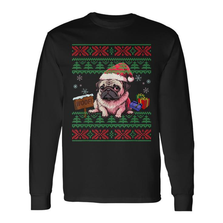 Dog Lovers Cute Pug Santa Hat Ugly Christmas Sweater Long Sleeve T-Shirt