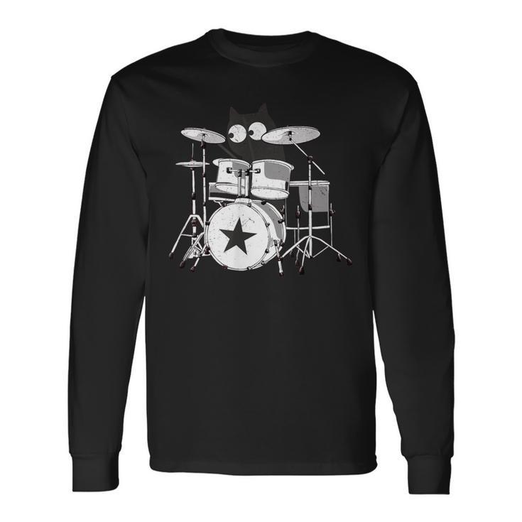 Drummer Cat Playing In Band Kitty Punk Rockstar Kitten Long Sleeve