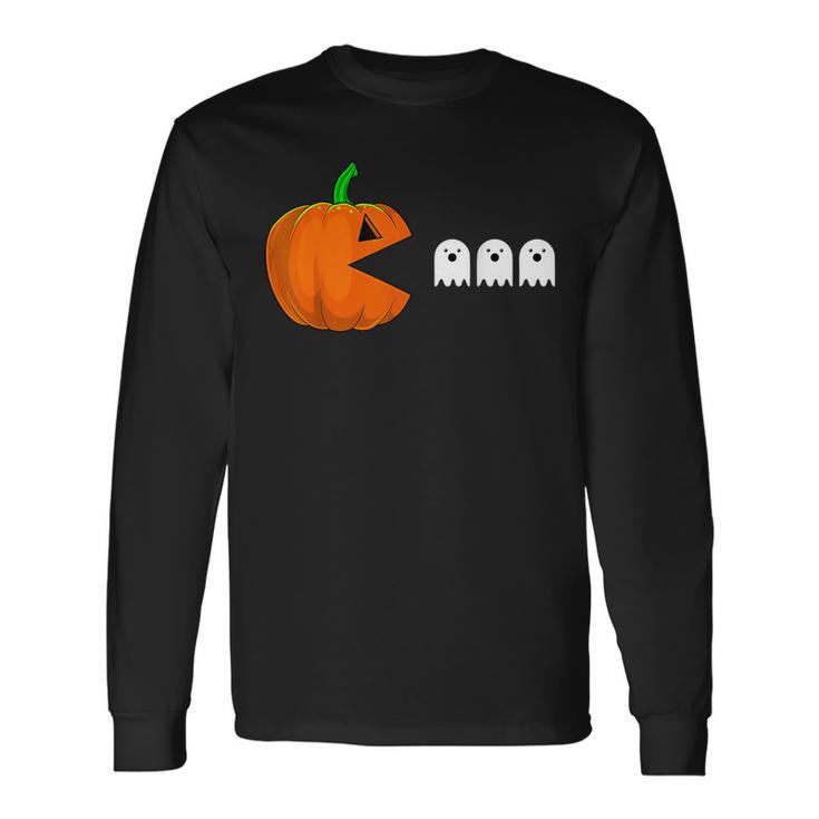 Halloween Pumpkin Eating Ghost Gamer Humor Novelty Long Sleeve T-Shirt