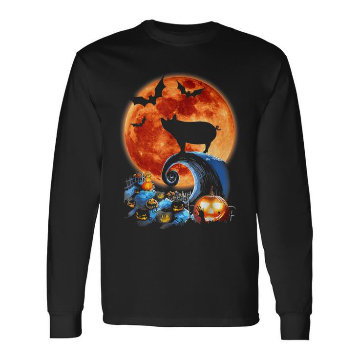 Pig And Moon Halloween Costume Silhouette Long Sleeve T-Shirt Gifts ideas