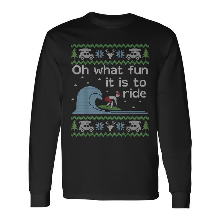 Ugly Sweater Christmas Surfing Surfer Surf Board Long Sleeve T-Shirt