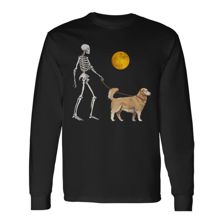 Golden Retriever Skeleton Dog Walking Halloween Costume Long Sleeve T-Shirt