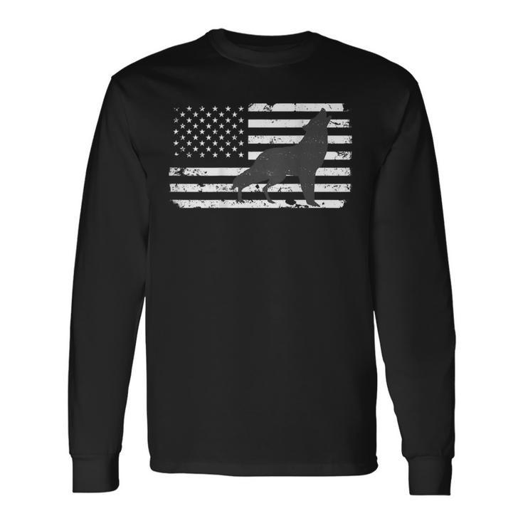 Gray Lone Wolf Distressed American Flag Back Print Long Sleeve T-Shirt