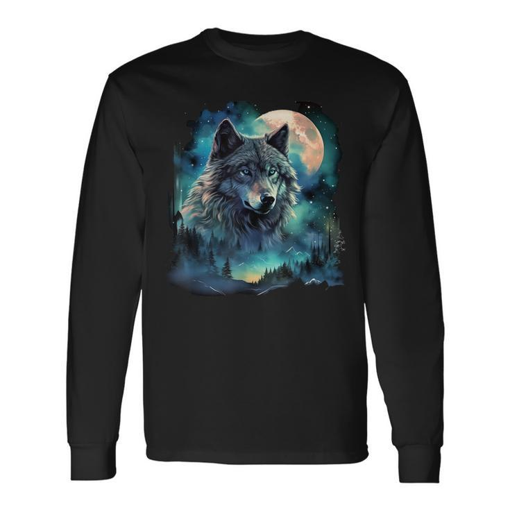 Grey Wolf Hunting Grounds Icy Moon Forest Galaxy Long Sleeve T-Shirt