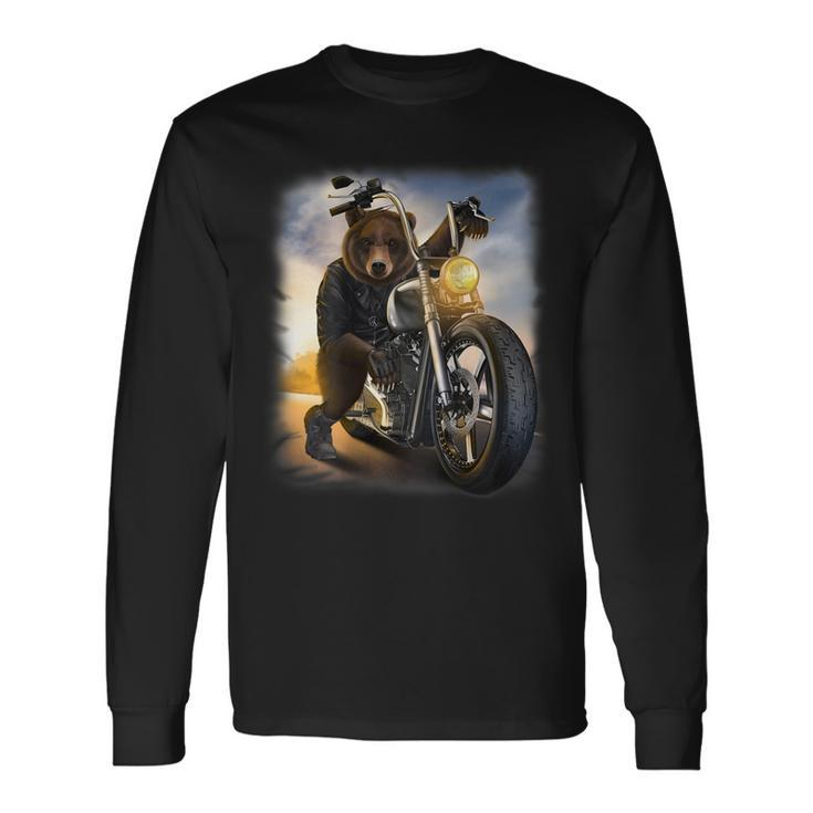 Grizzly Bear Riding Chopper Motorcycle Long Sleeve T-Shirt