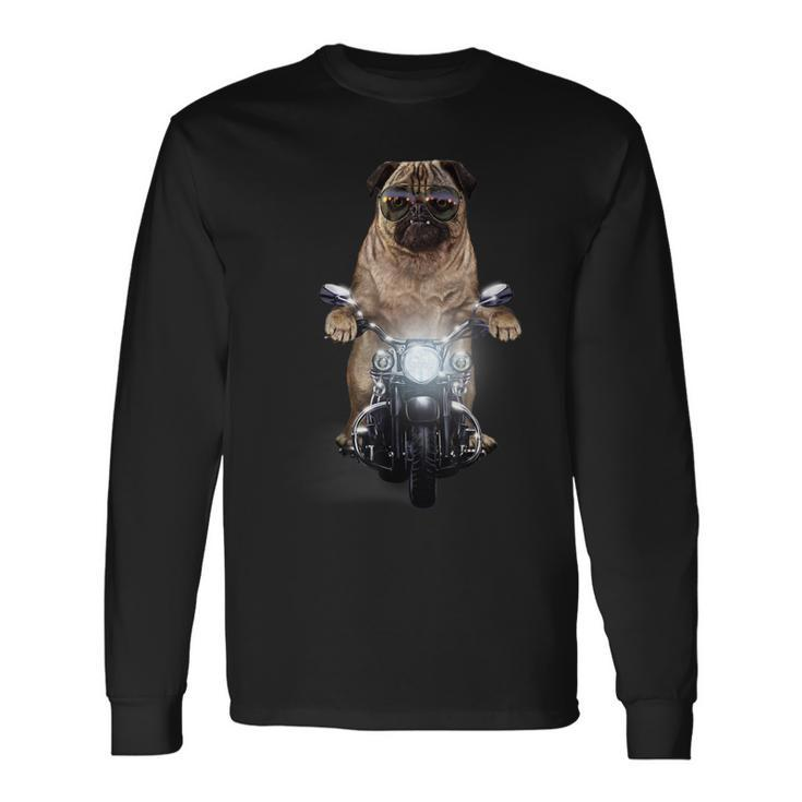 Grumpy Pug In Aviator Sunglass Riding Motorcycle Dog Long Sleeve T-Shirt