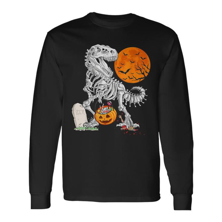 Halloween Dinosaur Skeleton T Rex Scary Pumpkin Moon Costume Long Sleeve T-Shirt
