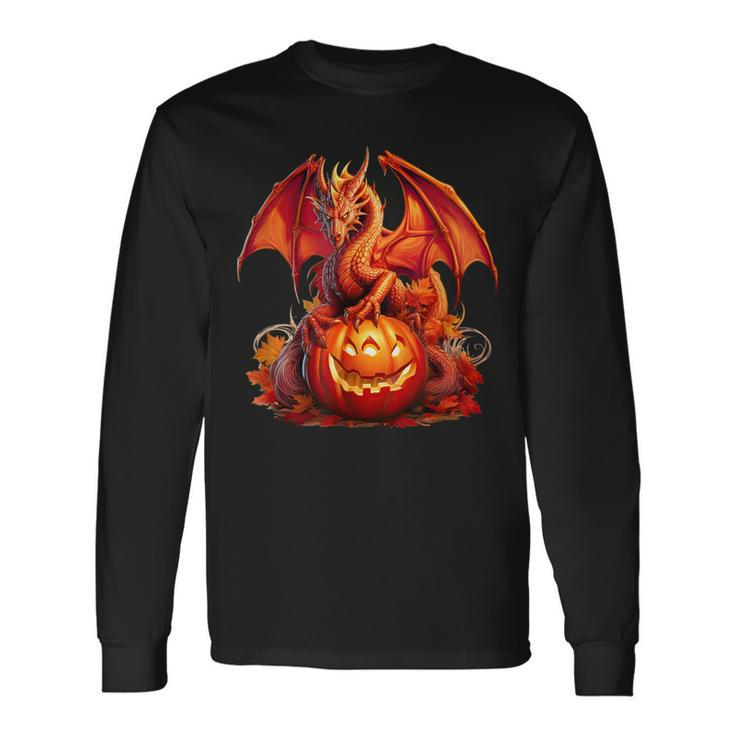 Halloween Dragon Guardian Of The Pumpkin Autumn Silhouette Long Sleeve T-Shirt