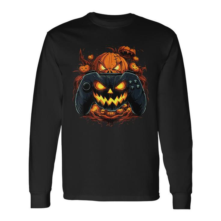 Halloween Gaming Jack O Lantern Pumpkin Face Controller Long Sleeve T-Shirt