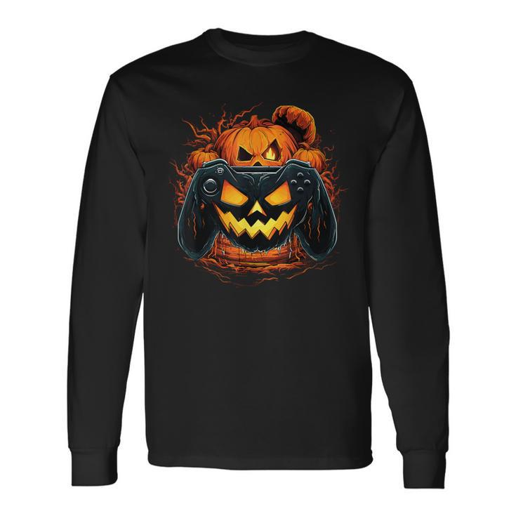 Halloween Jack O Lantern Pumpkin Face Gamer Gaming Long Sleeve T-Shirt