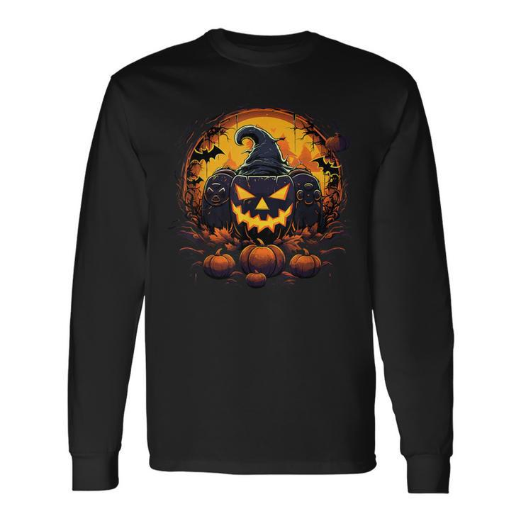 Halloween Scary Gaming Jack O Lantern Pumpkin Face Gamer Long Sleeve T-Shirt
