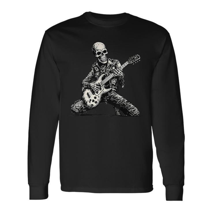 Halloween Skeleton Playing Guitar Rock And Roll Skull Long Sleeve T-Shirt