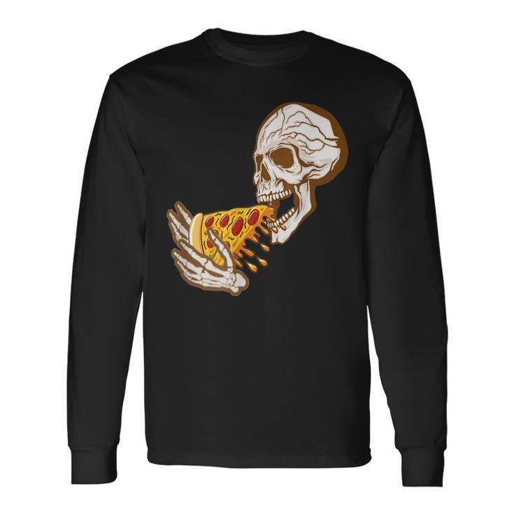 Halloween Skull Eating Pizza Pizza Long Sleeve T-Shirt T-Shirt