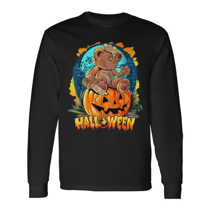 Halloween Special Scary Teddy Bear On Top Of Pumpkin Long Sleeve T-Shirt T-Shirt