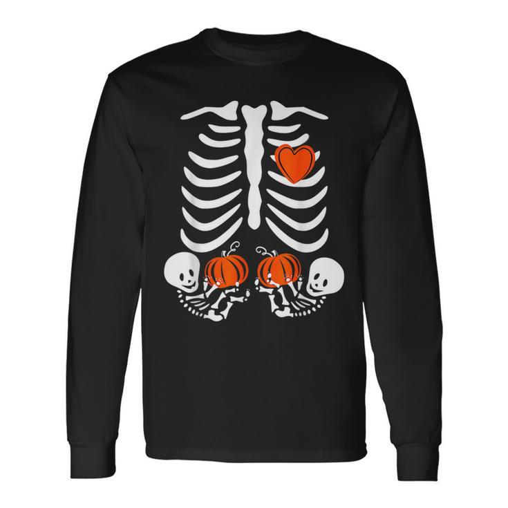 Halloween Twin Pregnant Skeleton Twins Baby Xray Rib Cage Long Sleeve T-Shirt