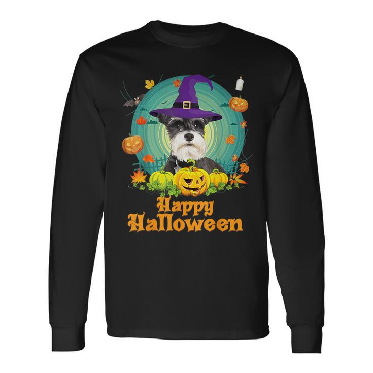 Happy Halloween Schnauzer Dog Pumpkin Witch Ghost Cute Scary Long Sleeve T-Shirt