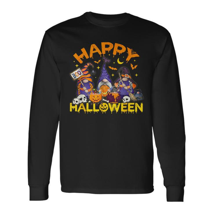 Happy Halloween Three Gnomes Skeleton Zombie Trick Or Treat Long Sleeve T-Shirt