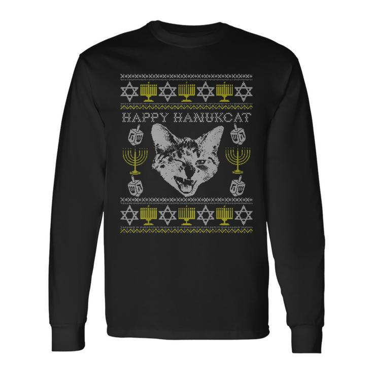 Happy Hanukcat Hannukah Jewish Cat Ugly Christmas Sweater Long Sleeve T-Shirt