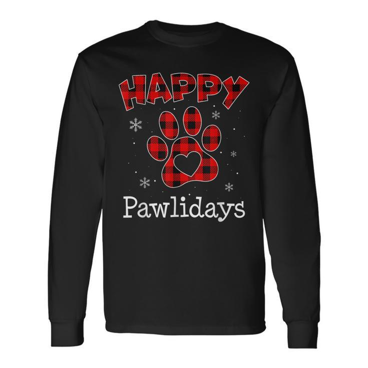 Happy Pawlidays Buffalo Plaid Paw Christmas Puppy Dog Lover Long Sleeve T-Shirt