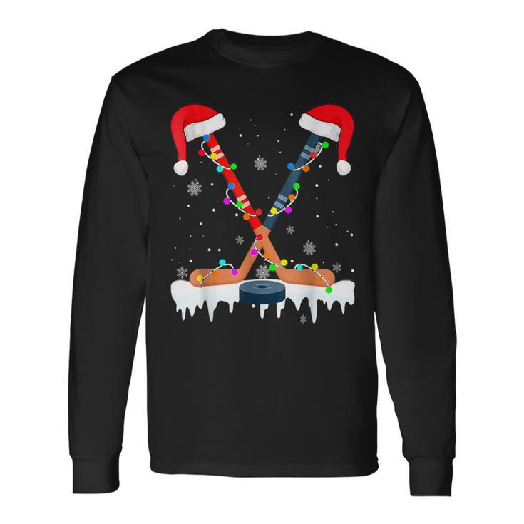 Hockey Santa Hat Christmas Lights Sport Boys Xmas Pjs Long Sleeve T-Shirt
