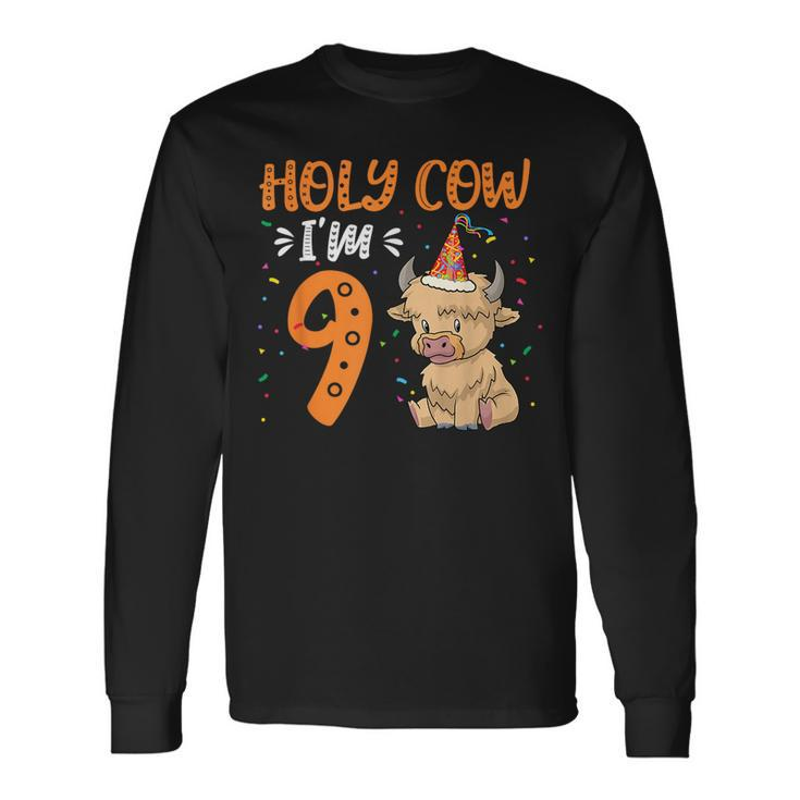 Holy Cow Im 9 Scottish Highland Cow Print 9Th Birthday Girl Long Sleeve T-Shirt