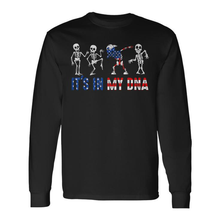 Its In My Dna Dabbing Skeleton American Us Flag Patriotic Patriotic Long Sleeve T-Shirt T-Shirt