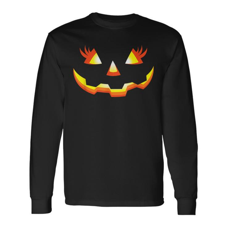 Jack O Lantern Face Pumpkin Eyelashes Halloween Costume Long Sleeve T-Shirt