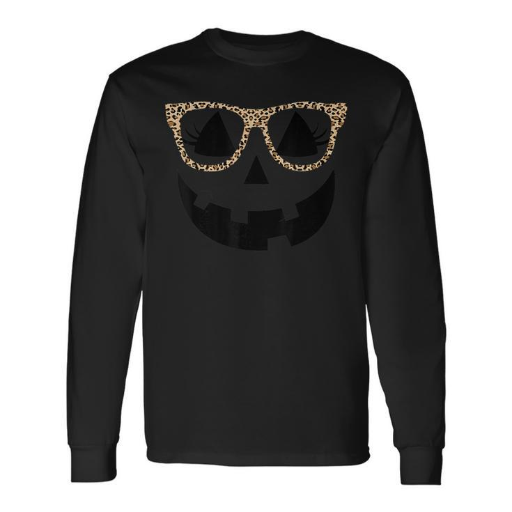 Jack O Lantern Face Pumpkin Halloween Leopard Glasses Long Sleeve T-Shirt