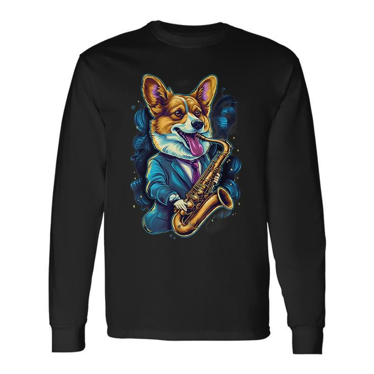 Jazz Musician Corgi Dog Saxophone Corgi Long Sleeve T-Shirt T-Shirt