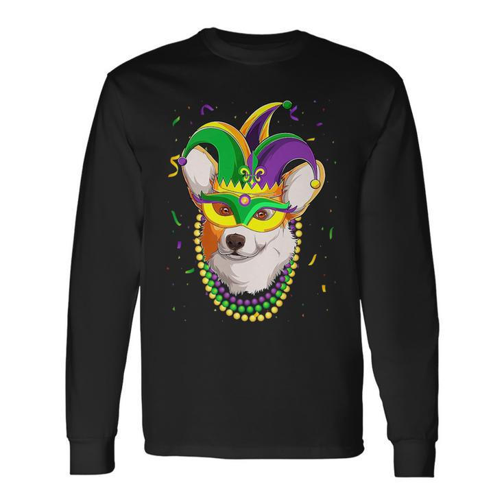 Jester Welsh Corgi Dog Mask Beads Fat Tuesday Parade Long Sleeve T-Shirt T-Shirt