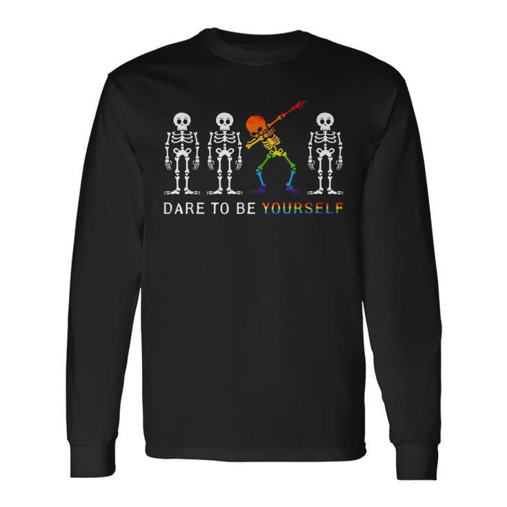 Lgbt Pride Skeleton Dabbing Dare To Be Yourself Outfit Long Sleeve T-Shirt T-Shirt