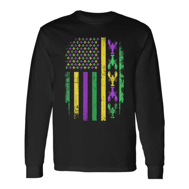 Mardi Gras Us American Flag With Crawfish New Orleans Long Sleeve