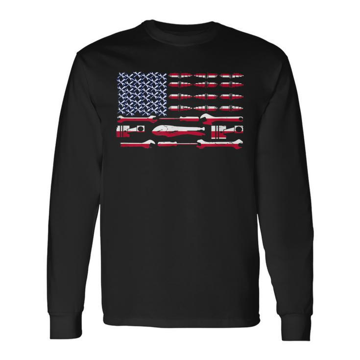 Mechanic Engineer Car Motorcycle Plane Us Flag Patriotic Long Sleeve T-Shirt