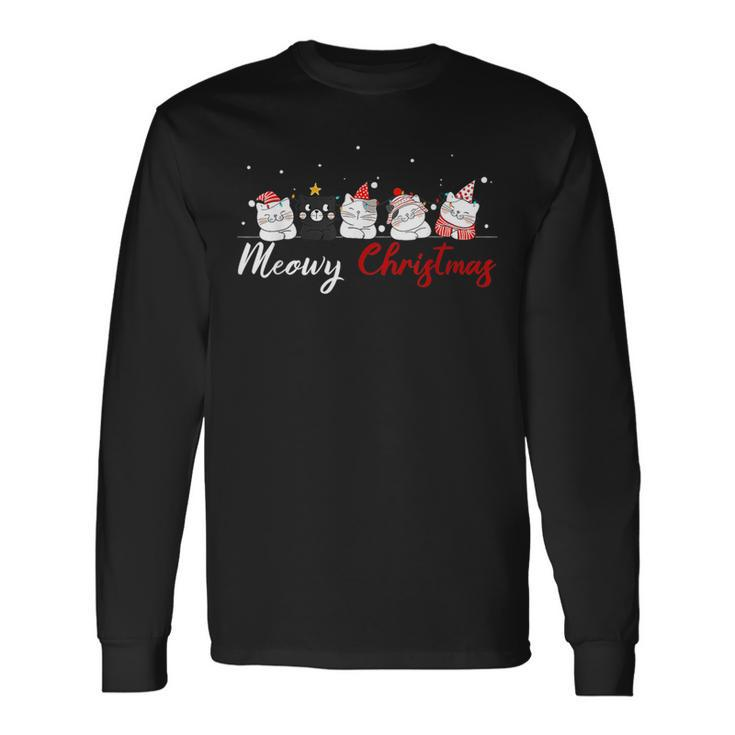 Meowy Catmas Santa Hat Xmas Cat Lover Christmas Lights Long Sleeve T-Shirt