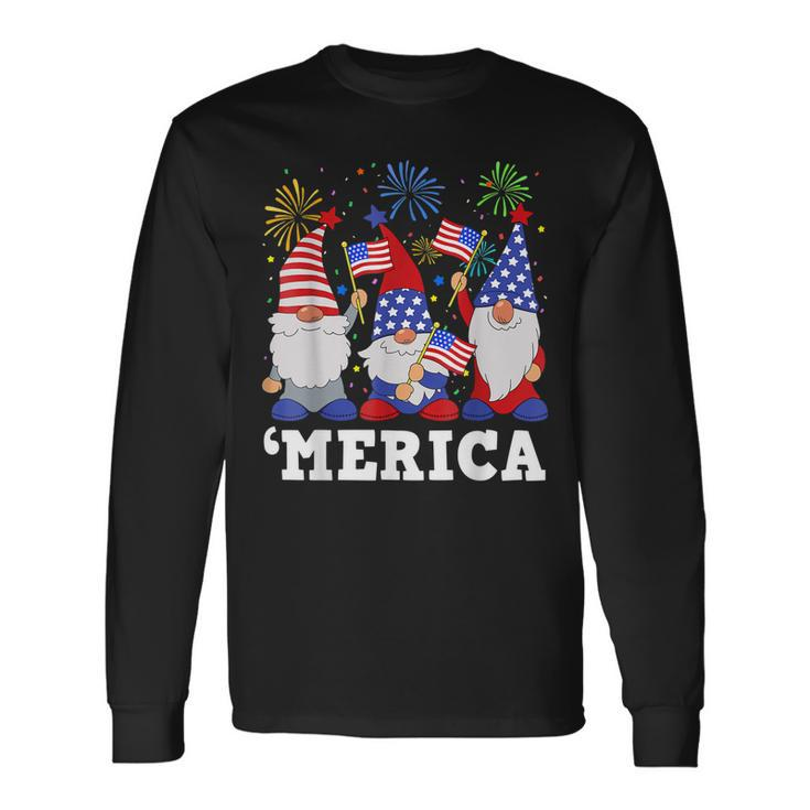 Merica Gnomes Usa Flag Fireworks Memorial Day 4Th Of July Long Sleeve T-Shirt