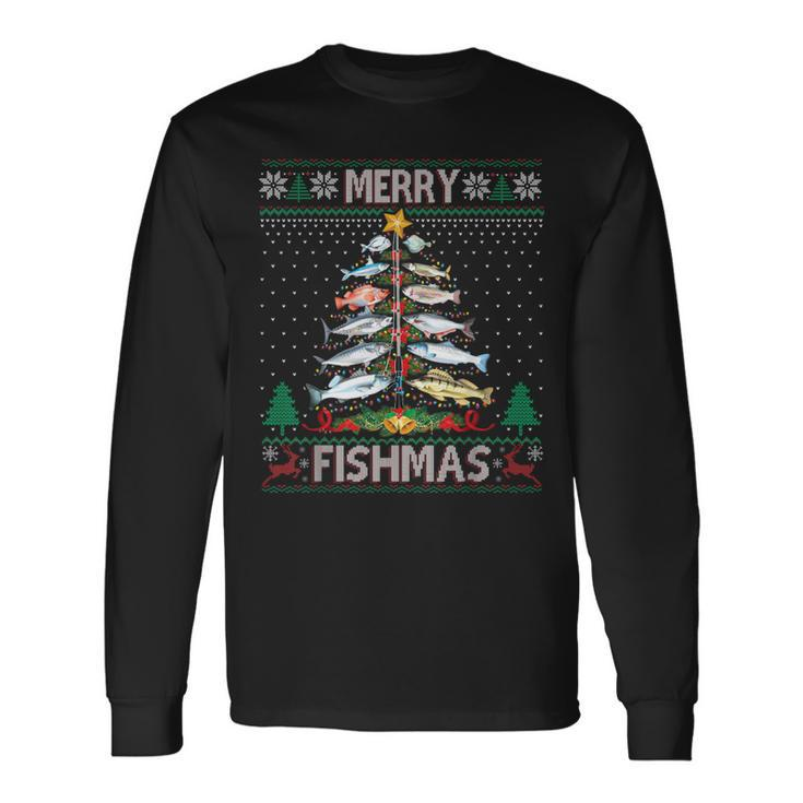 Merry Fishmas Ugly Sweater Fish Fishing Rod Christmas Tree Long Sleeve T-Shirt