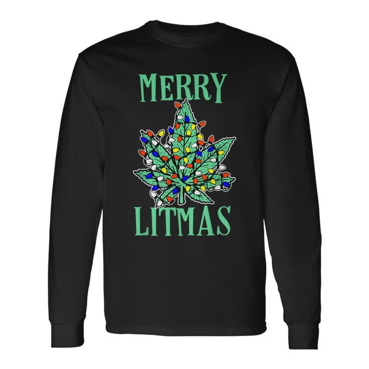 Merry Litmas Pot Leaf Christmas Tree Lights Marijuana Long Sleeve T-Shirt