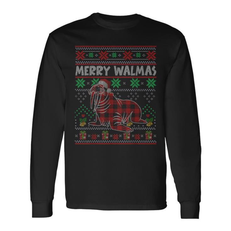 Merry Walmas Ugly Christmas Sweater Walrus Sea Animal Plaid Long Sleeve T-Shirt
