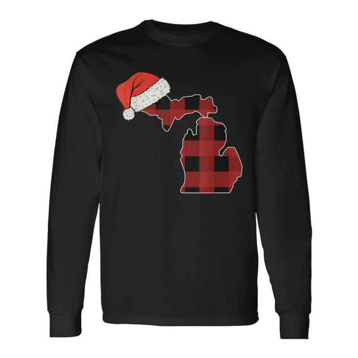 Michigan Plaid Christmas Santa Hat Holiday Matching Long Sleeve T-Shirt