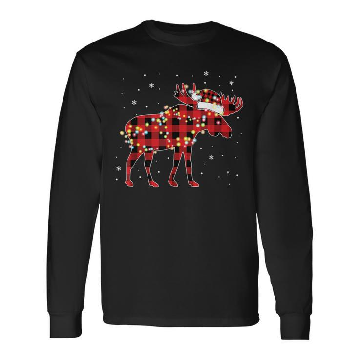Moose Christmas Red Plaid Buffalo Pajama Matching Long Sleeve T-Shirt