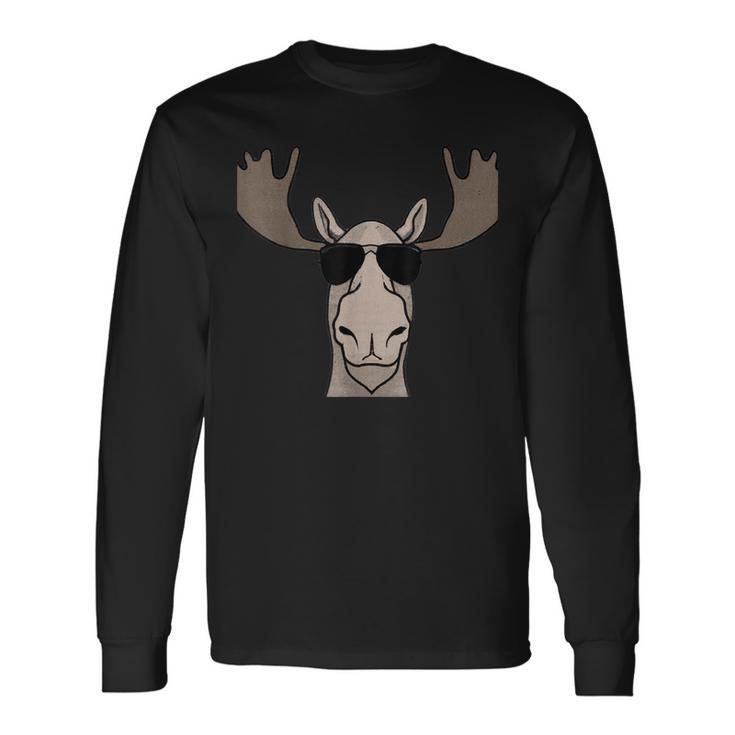 Moose Wearing Sunglasses Shades Vintage Retro Moose Long Sleeve T-Shirt
