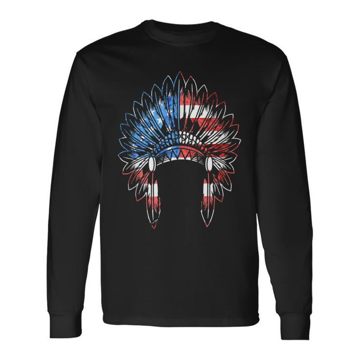 Native American Feather Headdress Indian Chief Usa America Long Sleeve T-Shirt T-Shirt