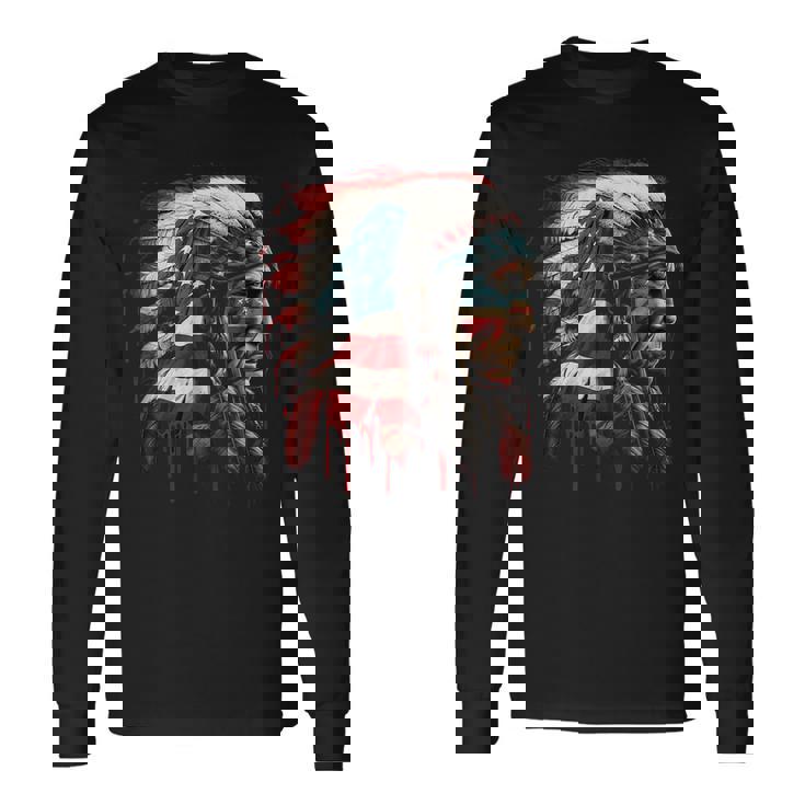 Native American Indian Chief American Usa Flag Long Sleeve T-Shirt T-Shirt Gifts ideas