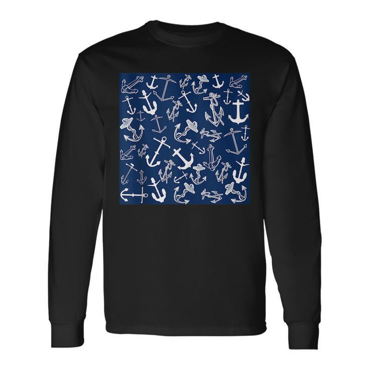 Nautical Navy Blue Anchor Pattern Long Sleeve T-Shirt T-Shirt