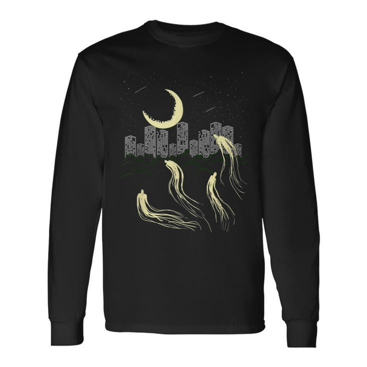 Night Sky Moon Star Building Ghost City Galaxy Horror Ghost Long Sleeve T-Shirt