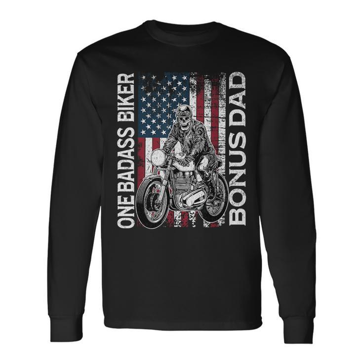 One Badass Biker Bonus Dad Grunge American Flag Skeleton For Dad Long Sleeve T-Shirt T-Shirt Gifts ideas